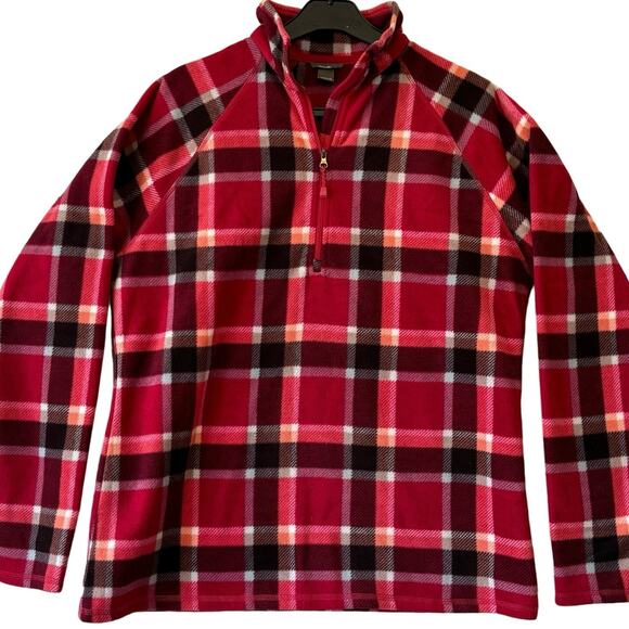 Eddie Bauer Tops - EDDIE BAUER Pink Checked Quarter Zip Fleece Women’s L